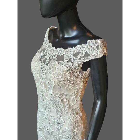 Ivory/Champagne Off Shoulder Fit and Flare Sparkle Illusion Wedding Gown - Picture 6 of 8